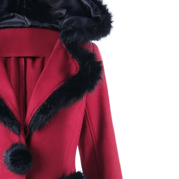 Коледно Червено и топло палто с качулка Есенно-зимно палто, вълнена Дамска мода средна дължина Однобортные женски тънки вълнени палта
