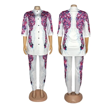 Комплект от 2 теми Женски спортен костюм 2021 Пролет Лято Африканска дрехи с принтом Дашики Дълга блуза, Топ и панталон-Костюм Дамски комплекти облекло