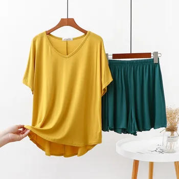 Комплект от 2 теми памучни дрехи за дома за жени Однотонная Свободна пижами тениски с къс ръкав и панталони Годишна домашно облекло за жени