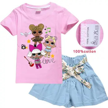 Комплекти дрехи за малките момичета за малки момичета Lol Кукла Карикатура Тениска с къс ръкав и обличам Костюм Детска мода, Спортно облекло Комплект