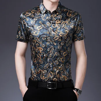 Копринени мъжки ризи, Елегантни Реколтата, мъжки ризи, Мъжки ризи в стил барок Луксозна Кралската Европейската дрехи на Цветя Кашу Дрехи голям размер