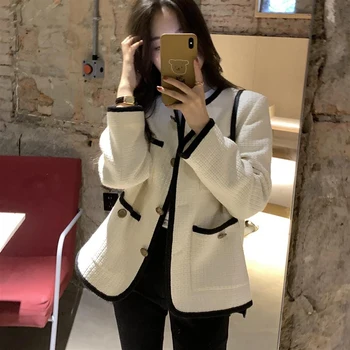 Корейската мода укороченная яке За жени Реколта Елегантни свободни палто с дълги ръкави Ежедневното луксозен пролетно яке Бели шакеты Para Mujer