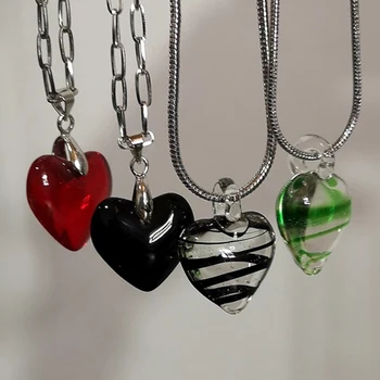 Корейски Зелено-Черен на ивици на Зебра Стъклена Висулка Сърце Титановая стоманена Верига Огърлица за жени Огърлица Верига за Бижута, бр подарък