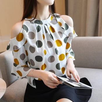 Корейски свободни в грах прилепнали дамски блузи с яка-ботуш и отворени рамене с къс ръкав Елегантна шифоновая блуза Chemisier Femme 8983 50