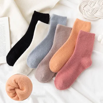 корейски стил обикновен зимни топли пухкави дебели дълги чорапи calcetines mujer за жени chaussette femme японската мода сладък пухкав чорап
