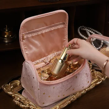 Косметичка Пътен комплект Органайзер за грим Женствена чанта за тоалетни принадлежности Кадифе Голям капацитет Луксозна чанта за съхранение на Розово Синьо косметичка