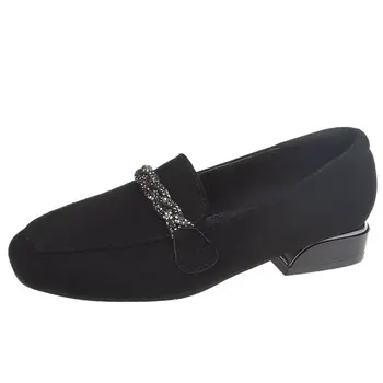 Кристален верига Лоферы от флока Женски espadrilles на ниски обувки Дамски обувки Балерина с квадратни пръсти обувки от набук Кадифе мокасини на равна подметка 2021