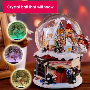 Кристална Топка Музикална Ковчег Въртяща се Светлина Снежна Топка Стъклени Светлини 2021 Коледен Подарък с Музика Дядо Коледа Занаяти Настолен Домашен Декор
