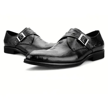 Крокодиловое зърно, Вино-Червено / Черно Сватбена Мъжки Обувки Модельная обувки от естествена кожа на Бизнес Обувки с катарама