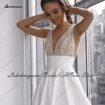 Лакшмигаун Халат Атласное сватбена рокля Boho 2022 Vestidos с V-образно деколте, украшенное пайети и мъниста, Сексуална сватбена рокля с отворен гръб