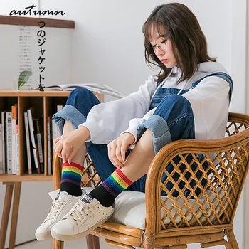 ЛГБТ мода в стил Харадзюку дълги чорапи рейнбоу модни цветове на памучни чорапи в корейския женския стил meias щастливи чорапи