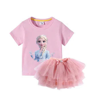 Летен комплект от поли от две части Замразени Екипировки Принцеса Елза Комплект дрехи за деца 3-7 години Облекло за рожден Ден Риза и панталон