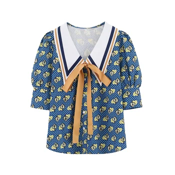 Летен топ Реколта блуза Синя Яка с пищни ръкави Риза За жени Свободни Дизайнерски дамски вратовръзки Топ Корея, модни дрехи Blusas 14636