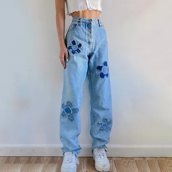 Летни дамски дънки с прави штанинами, свободни дънкови панталони с аппликацией във формата на цвете и джобове