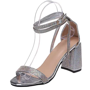 Летни дамски обувки на висок ток 8 см, с отворени Пръсти Дамски сандали Модерен секси златни и сребърни сандали, Сандали на квадратен ток
