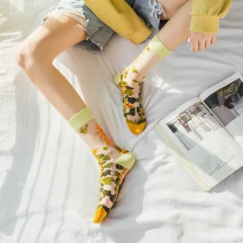Летни дамски чорапи с Високо качество, тънки прозрачни чорапи с флорални принтом, Ежедневни чорапи Harajuku, Реколта градинска дрехи, с Копринени дълги чорапи