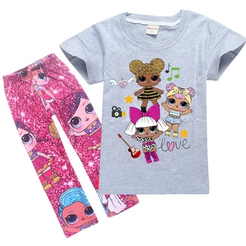 Летни дрехи за деца за момичета Сладки Децата За малки момичета L. O. L Дрехи с къс ръкав Тениска+Панталони Комплект дрехи за дрехи 4-12 години
