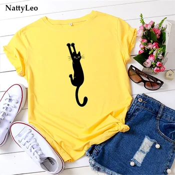 Летни Ризи Плюс Размер за жени Тениски Забавна тениска с принтом черна котка от памук кръгло деколте и къс ръкав Тениска Графични тениски