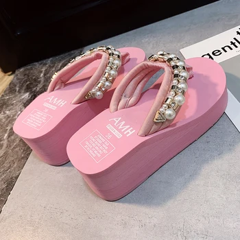 Летни чехли с кристали Празнични сандали на платформа в черно-бял цвят, с Розов цвят Чехли за баня с декорация от мъниста Чехли