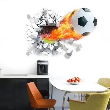 Летящ Футбол Чрез Стикери За Стена За Декорация на Детска Стая Домашни Етикети Футбол PVC 3D Стенни Живопис Спортна Игра Плакат