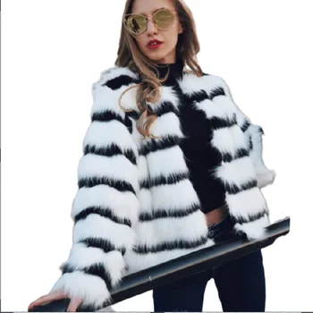 Луксозен зимно палто от изкуствена кожа кадифе, зашити дамски кожен яке-бомбер, без О-образно деколте, жилетка в райе смесени цветове, върхове Abrigos Mujer