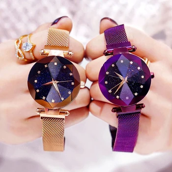 Луксозни дамски Магнитни часовници Звездното Небе За жени 3D Стъкло циферблат Женски диамантени кварцов ръчен часовник Relogio Feminino