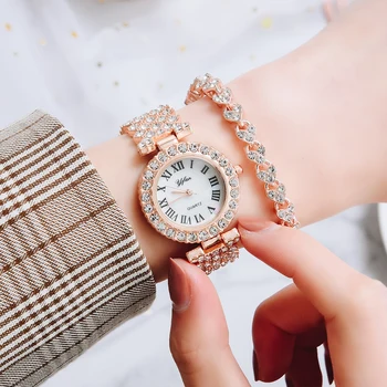 Луксозни дамски часовник от розово злато Моден дамски кварцов ръчен часовник с диаманти Елегантен дамски часовник-гривна 2 бр. комплект Часовници За жени