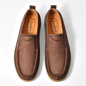 Луксозни и удобни мъжки мокасини от естествена кожа, Ежедневни обувки Класически обувки за почивка, без закопчалка на равна подметка Модерни обувки за шофиране