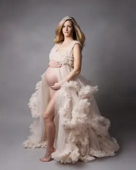 Луксозни къдри Рокли за бременни, за фотосесия на няколко Нива, поли, Дамски рокли за бременни с цепка отпред Наметало, Халат Пижами