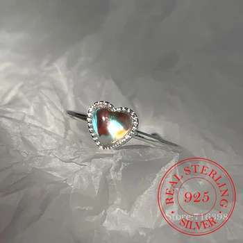 Луксозни Пръстени от сребро 925 проба с цветно прозрачно сърце за жени и мъже с хрустальным Лунен камък във формата на сърце, регулируем отворен пръстен