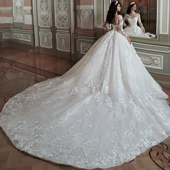 Луксозни сватбени рокли с кръгло деколте и дълъг ръкав с дантелен аппликацией, сладък рокли за абитуриентски бал, секси рокля с отворен гръб, придворен струята, Халат de mariée
