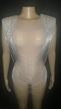 Лъскави луксозни Веригата от сребърни кристали Вечер Голото Прозрачна рокля на Окото за рожден ден на Танцово представяне на Вечер Секси костюм