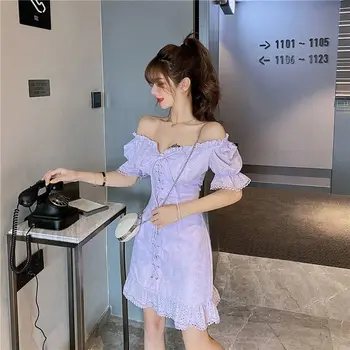 Лятото е мини рокля 2021 година Френското Ретро рокля с бродерия на цветя Сексуално с открити рамене Жаккардовая талия Тънка рокля дантела Бяла лилаво
