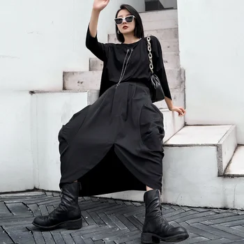 Макс Лулу Япония 2021 Стил е Новата Мода Трапециевидная черна пола Дамски нередовен дизайн Свободни поли Женски пънк Однотонная облекло