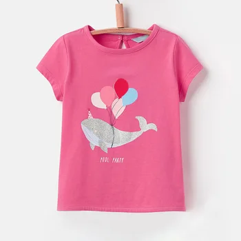 Малка Мэйвен Нова лятна детски дрехи с къс О-образно деколте Розов Кит Цветни балони Вязаный памук от 1 до 6 години Ежедневна тениска за момичета