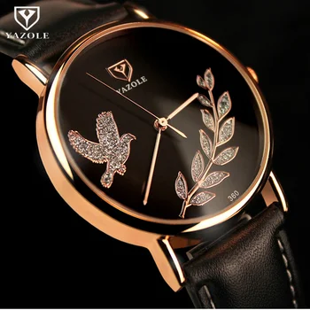 Марка YAZOLE Часовник от розово злато Луксозни кварцови часовници с кристали, Дамски ръчни часовници с птици Дамски часовници montre femme mujer relojes saati