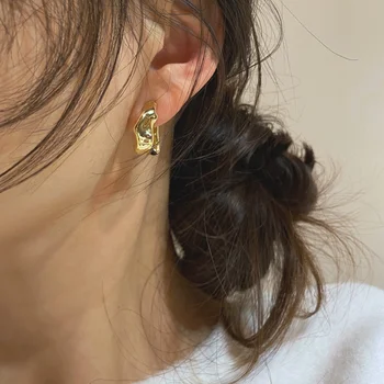 Минар Корейски прости неправилни геометрични Обеци-халки за жени Златист цвят Металик Кухи Обеци в стил минимализъм Бижута