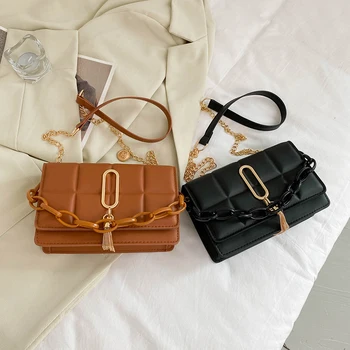 Мода Решетеста модел Дамски чанти на рамо Чист цвят ИЗКУСТВЕНА кожа Чанта през рамо Дамски Ежедневни Верига от Малки Чанти с горната дръжка