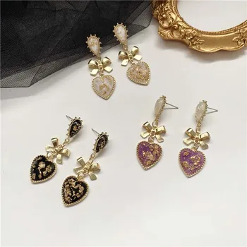 Модерен Класически дамски обеци от смола с метален лък и сърце, дамски обеци-карамфил със златен персиковым сърце за жени, бижута