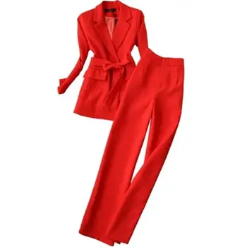 Модерен червен костюм женски костюм от 19-нов дамски пролетта корейски случайни темперамент широки панталони женски костюм ДР костюм от две части женски