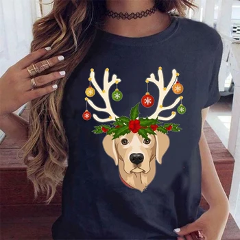 Модерна Коледна Сладко куче с принтом фенер с Тениска Harajuku Женска тениска с къс ръкав Подходящи за всички сезони Тениска Черни върхове