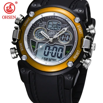 Модерни мъжки спортни ръчен часовник с двойно време Хронометър Силикон каишка Жълт Водоустойчив Цифров Кварцов мъжки часовник montre homme