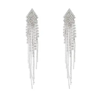 Модерни обеци ръчна изработка с дълги пискюли за жени, ефектни обеци с кристали, луксозни обеци с кристали, вечерни украса E658