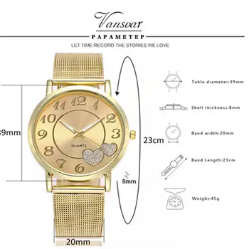 Модната марка Vansvar Сребристо-златна мрежест каишка с любовни циферблат на часовник Ежедневни дамски кварцов часовник Подарък Relogio Feminino