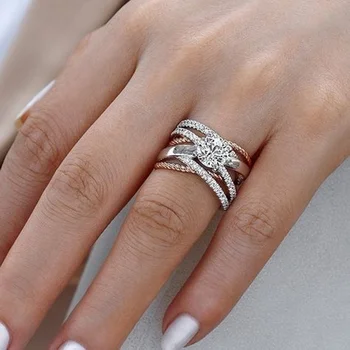 Модни дамски два цвята многостенни кристали, Цирконий Годежни пръстени с кръст за жени Годежен пръстен Бижута Подарък Размер 5-12