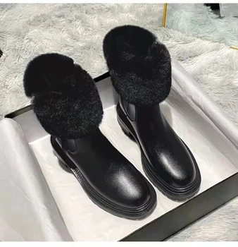 Модни дамски зимни кожени ботильоны на масивна обувки, дамски ботуши с цип на платформата, кожа обувки за момичета, вълнени ботуши Челси с кръгла пръсти, черни