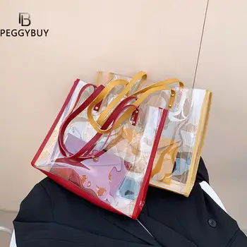Модни дамски прозрачни композитни чанти за рамо Чанта за пазаруване Чанта чист цвят на Чантата Ежедневни дамски чанти голям капацитет