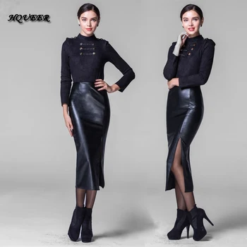 Модни дълга кожена пола, тънка пола hp, удебелена изкуствена дълга секси пола с цепка, черна, плюс размер
