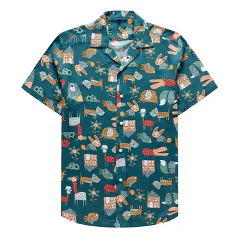 Мъжка риза с анимационни принтом Ежедневни Свободна риза с копчета с къс ръкав за Мъже Хавайска блуза с ревера Летни свободни топове Ризата Homme