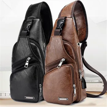 Мъжка чанта на гърдите USB Дизайнерски мъжки чанти-месинджър през рамо пакет Чанти за рамо от изкуствена кожа Диагонал пакет Пътна чанта на гърдите
